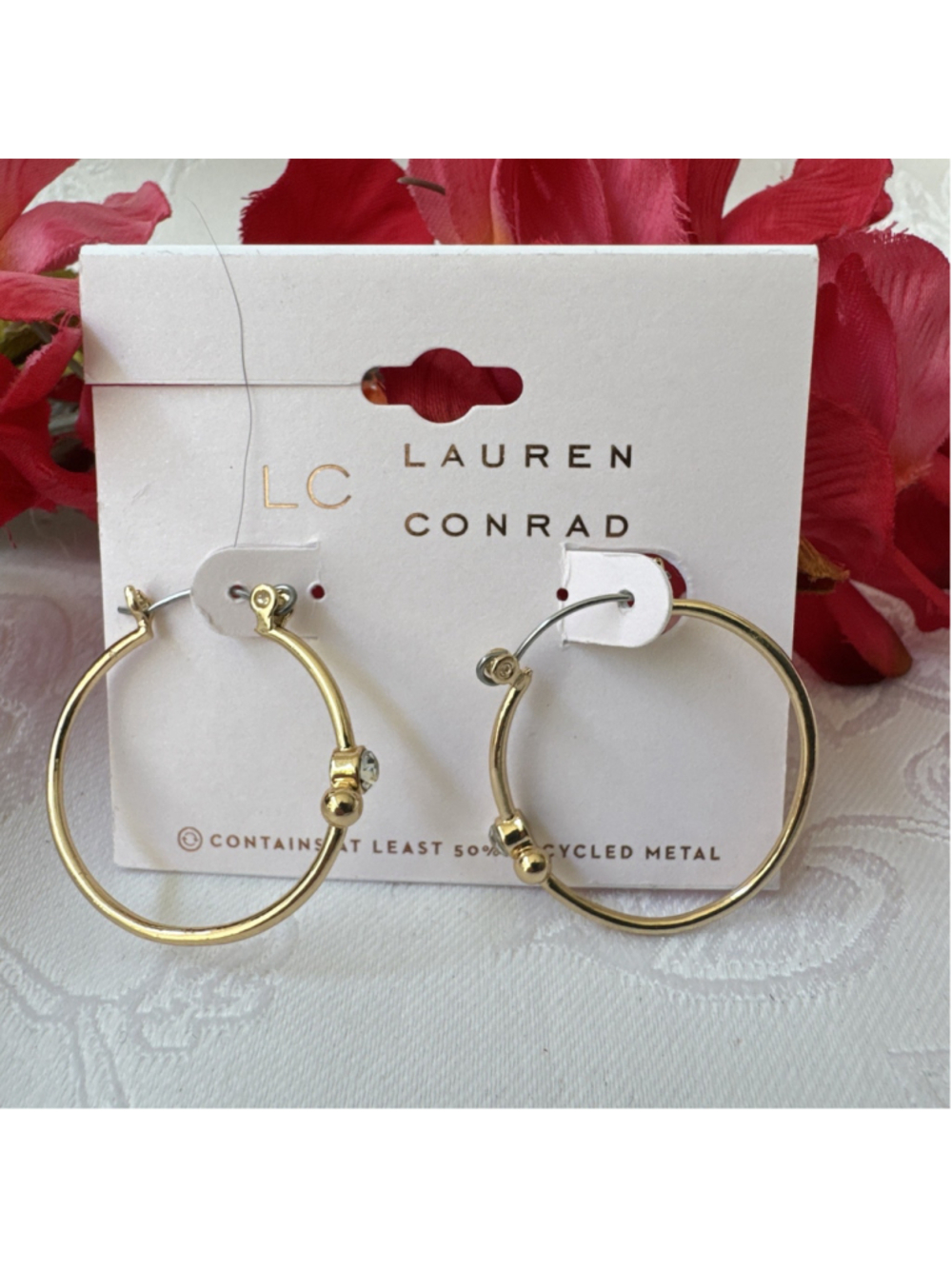 LC Lauren Conrad 1.25 Dainty Thin Gold Clear Stone Rhinestones Hoop Earrings NEW